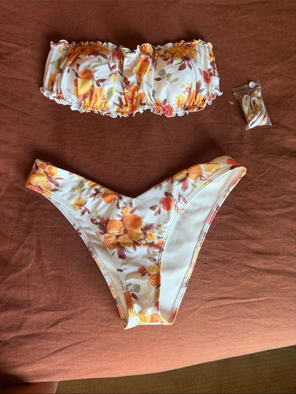 Abercrombie & Fitch White Floral Bandeau Bikini with Orange Accents